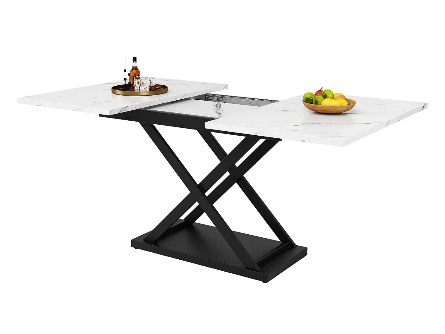 Mesa de comedor extensible para 4 a 6 personas - 120/160 x 80 x 75 cm - Patas de MDF y metal - Tablero efecto mármol - Color blanco