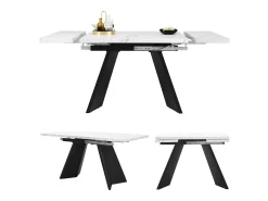 Mesa de comedor extensible - 99-159 x 74 x 77 cm - Tablero efecto mármol - Patas de MDF y metal - Blanco + negro