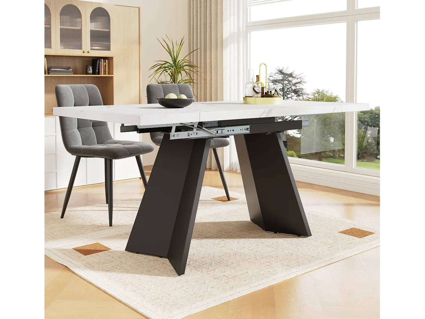 Mesa de comedor extensible - 99-159 x 74 x 77 cm - Tablero efecto mármol - Patas de MDF y metal - Blanco + negro