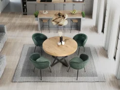 Mesa de comedor extensible con tablero de aspecto roble y patas de metal negro CERVANTES