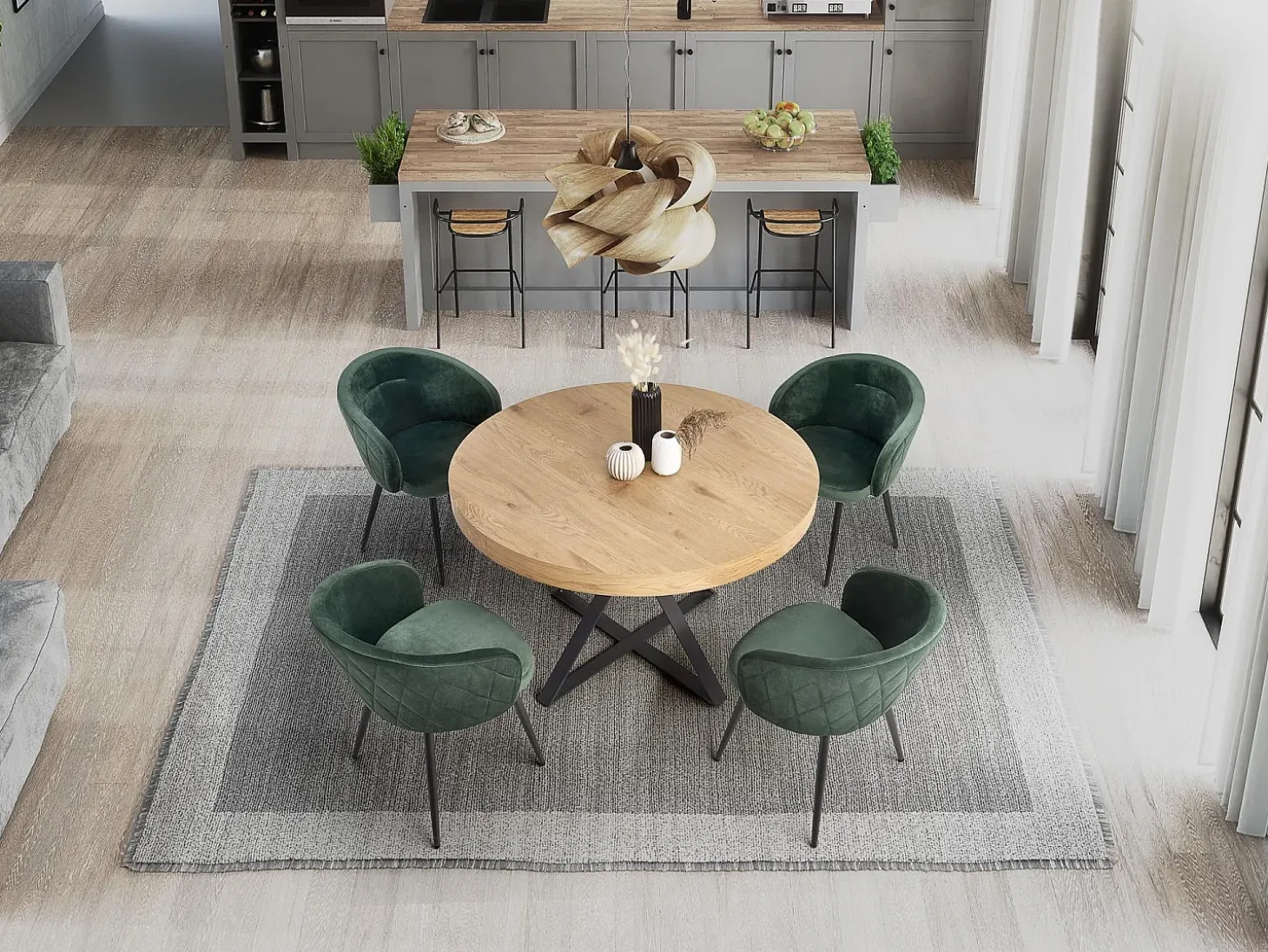 Mesa de comedor extensible con tablero de aspecto roble y patas de metal negro CERVANTES