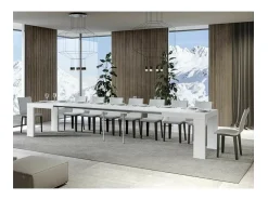 Mesa de comedor extensible de madera Ribo-Color Blanco-Soporte 4 pies-5 alargaderas finas-Ancho extensible