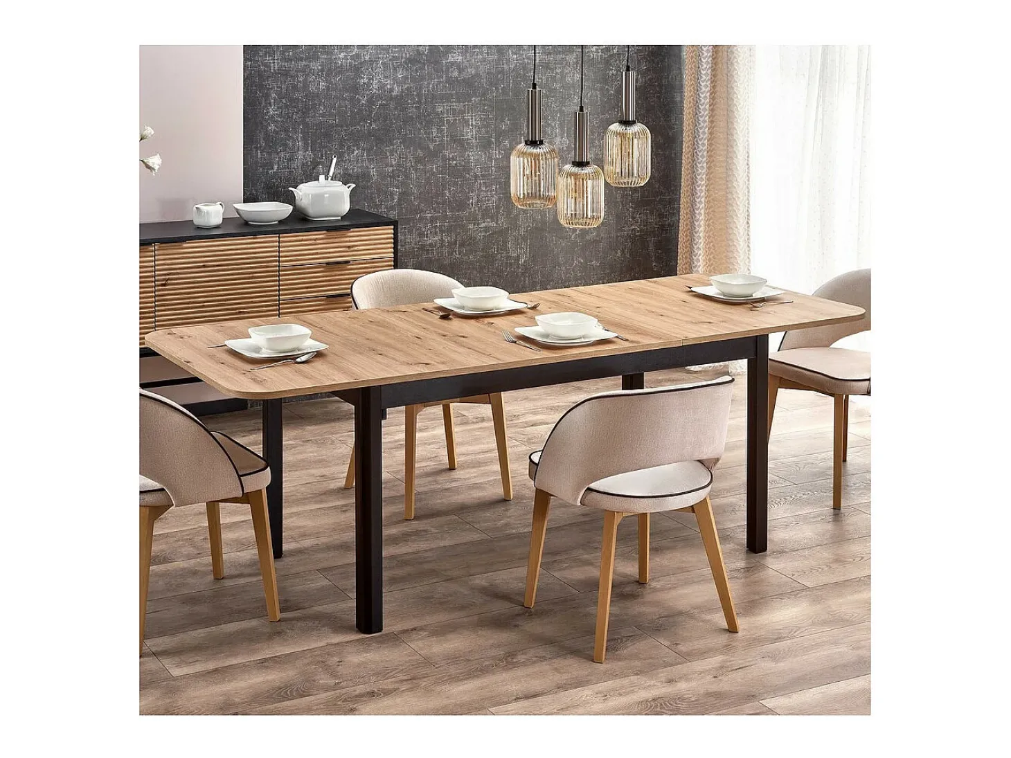 Mesa de comedor extensible BREHAT 160-228 aspecto negro y roble