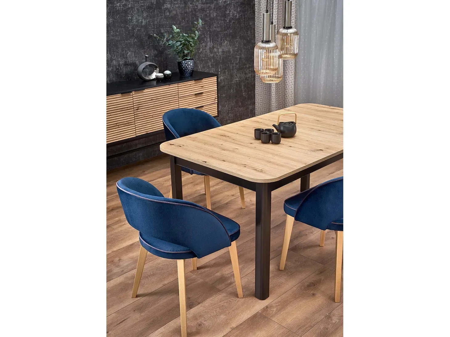 Mesa de comedor extensible BREHAT 160-228 aspecto negro y roble