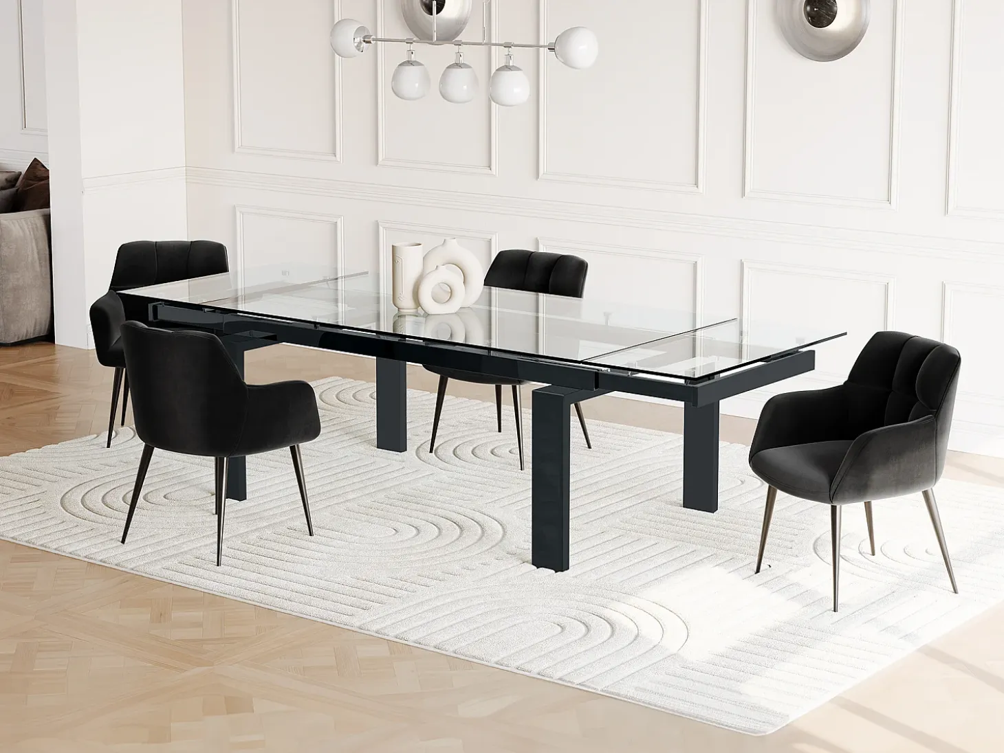 Mesa de comedor extensible LUBANA - Cristal templado, metal - negro