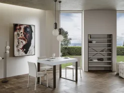 Mesa de comedor extensible tiroz-Color Blanco-Soporte 2 pies-5 alargaderas finas-Ancho extensible