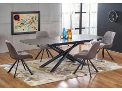 Mesa de comedor extensible con tablero de cristal gris oscuro y pata central de acero negro con diseño Chambord