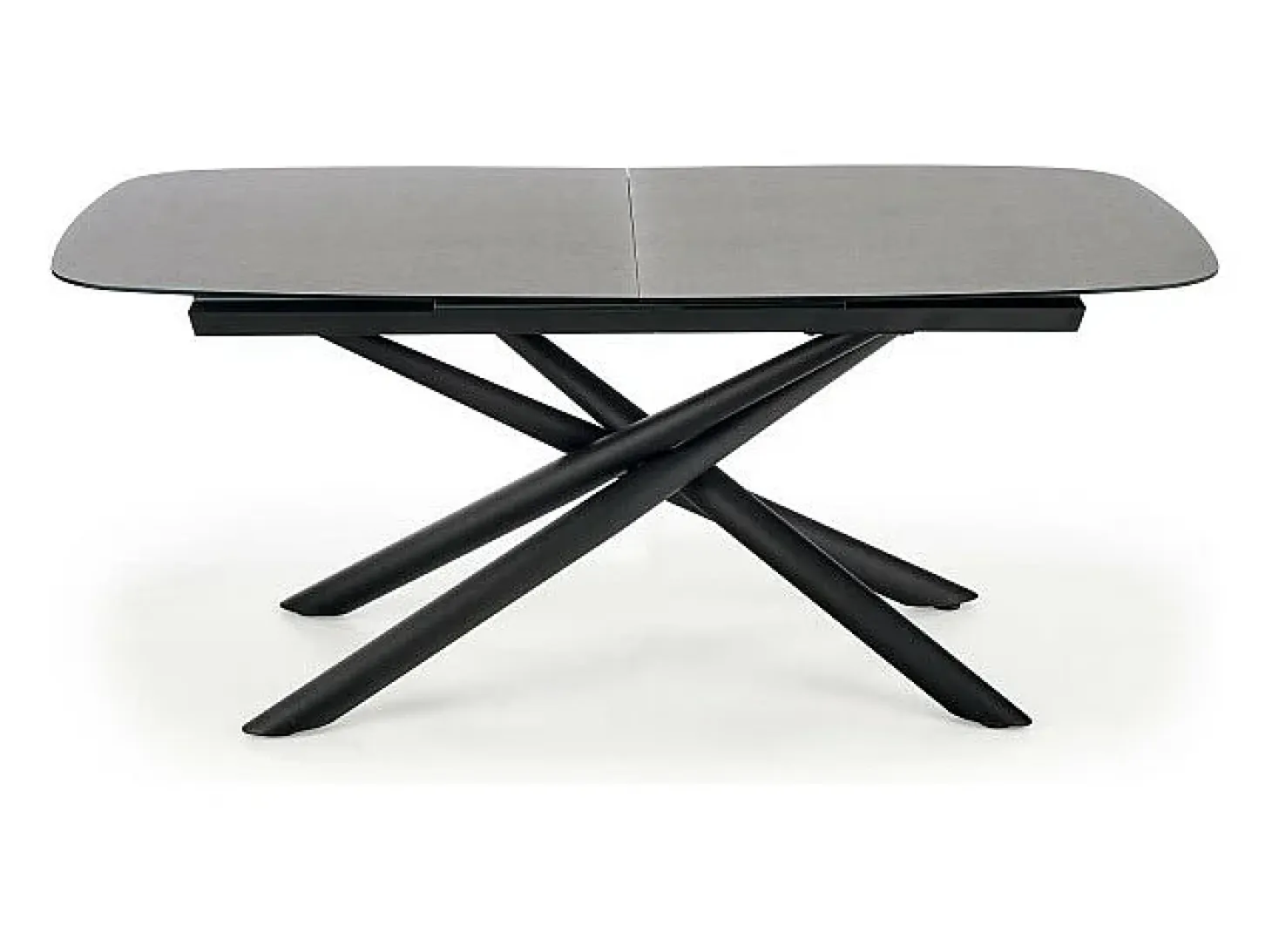Mesa de comedor extensible con tablero de cristal gris oscuro y pata central de acero negro con diseño Chambord