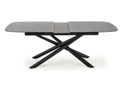 Mesa de comedor extensible con tablero de cristal gris oscuro y pata central de acero negro con diseño Chambord