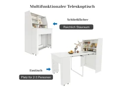 Mesa de comedor extensible para 4 a 6 cubiertos con armario - L52/132,5xB80xH76cm - Tablero de partículas - Blanco