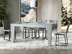 Mesa de comedor extensible de madera Kristo patas en V-Color Gris cemento-Soporte 4 pies-5 alargaderas finas-Ancho extensible