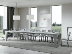Mesa de comedor extensible de madera Kristo patas en V-Color Gris cemento-Soporte 4 pies-5 alargaderas finas-Ancho extensible