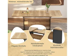 Mesa de comedor extensible 140/180x80 cm, para 4 a 6 personas, diseño en madera natural, rectangular, estilo minimalista (dimensiones: 140/180 x 80 x 75 cm)
