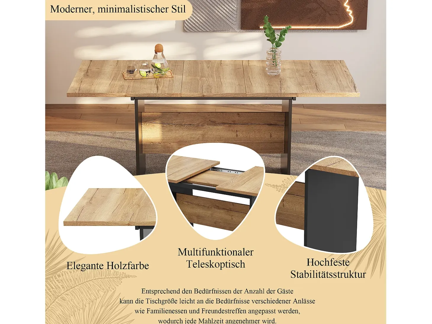 Mesa de comedor extensible 140/180x80 cm, para 4 a 6 personas, diseño en madera natural, rectangular, estilo minimalista (dimensiones: 140/180 x 80 x 75 cm)
