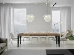Mesa de comedor extensible Flavio-Color Natural-Soporte 2 pies-5 alargaderas finas-Ancho extensible