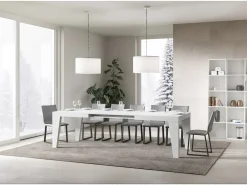 Mesa de comedor extensible de madera Naxo.-Color Blanco-Base y soporte con ruedas-5 alargaderas finas-Ancho extensible