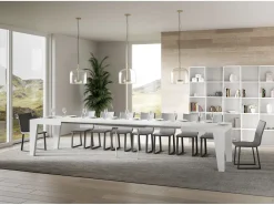 Mesa de comedor extensible de madera Naxo.-Color Blanco-Base y soporte con ruedas-5 alargaderas finas-Ancho extensible