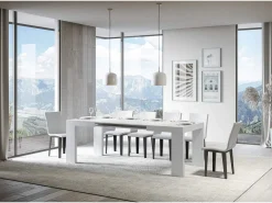 Mesa de comedor extensible de madera Ribo-Color Blanco-Soporte 4 pies-5 alargaderas finas-Ancho extensible