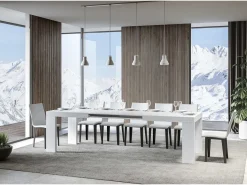 Mesa de comedor extensible de madera Ribo-Color Blanco-Soporte 4 pies-5 alargaderas finas-Ancho extensible
