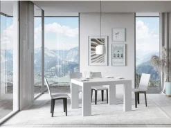 Mesa de comedor extensible de madera Ribo-Color Blanco-Soporte 4 pies-5 alargaderas finas-Ancho extensible