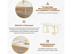 Mesa de comedor extensible para 4 a 6 cubiertos - L 140/180 x W 80 x H 75 cm - Madera MDF y metal - Diseño mármol - Blanco