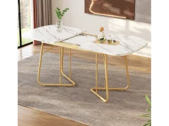 Mesa de comedor extensible para 4 a 6 cubiertos - L 140/180 x W 80 x H 75 cm - Madera MDF y metal - Diseño mármol - Blanco