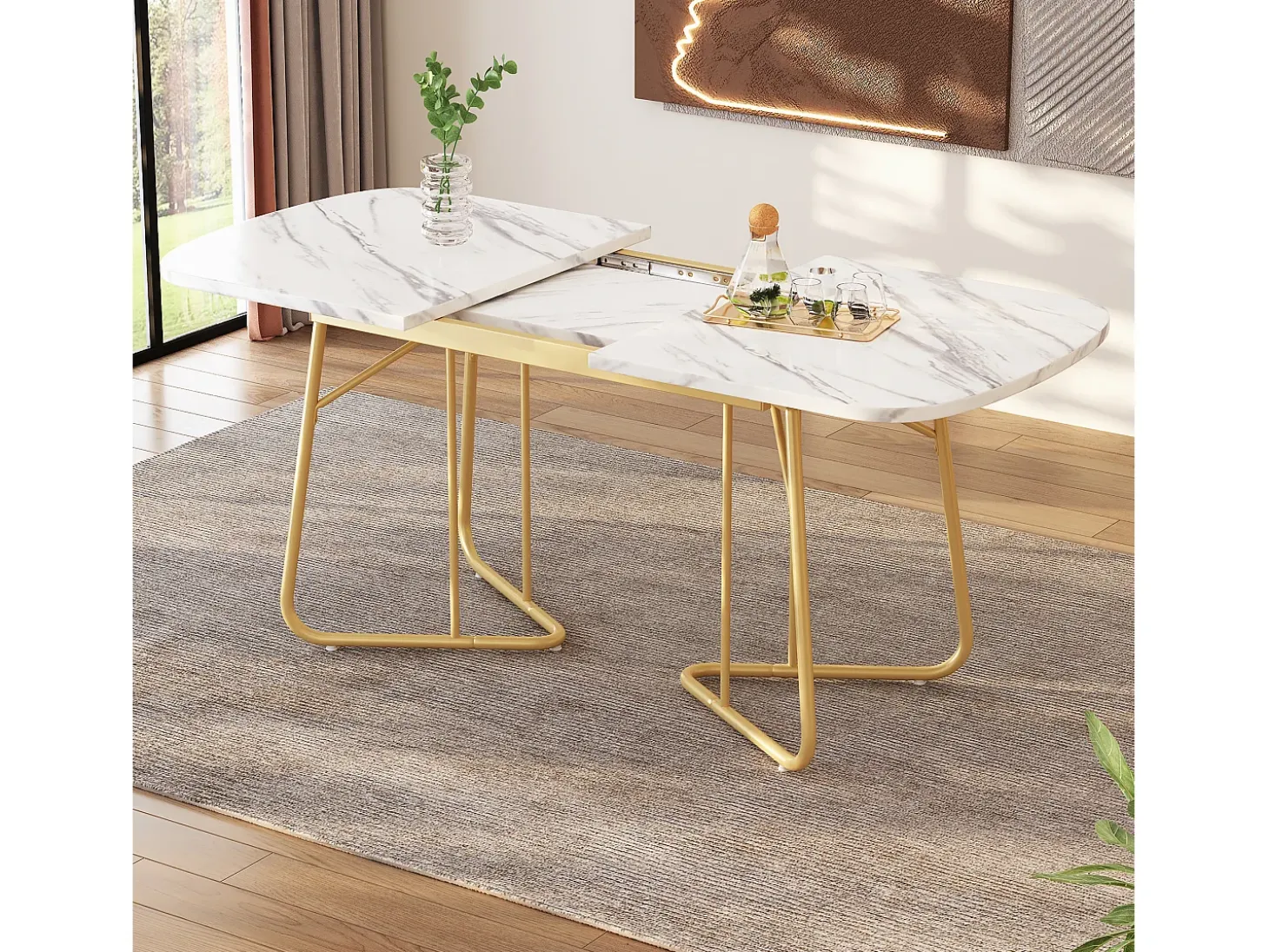 Mesa de comedor extensible para 4 a 6 cubiertos - L 140/180 x W 80 x H 75 cm - Madera MDF y metal - Diseño mármol - Blanco
