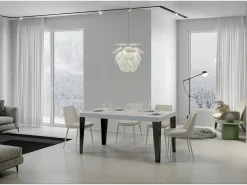 Mesa de comedor extensible Flavio-Color Blanco-Soporte 4 pies-5 alargaderas finas-Ancho extensible