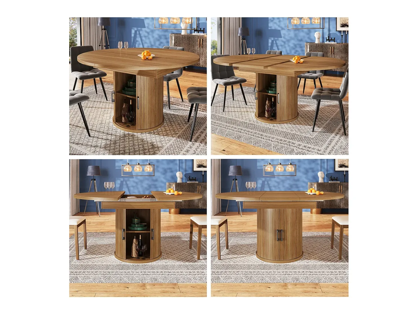 Mesa de comedor extensible, 118-158 cm, nogal, mesa de comedor redonda con espacio de almacenamiento