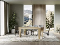 Mesa de comedor extensible de madera Kristo patas en V-Color Natural-Base y soporte con ruedas-Alargaderas -Ancho extensible