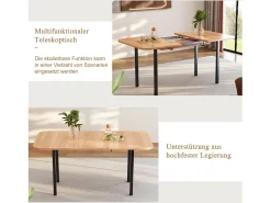 Mesa de comedor extensible, diseño moderno, MDF, acabado madera natural + patas de metal plateado, para 4-6 personas (L120-160 x P80 x H75 cm)