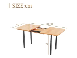Mesa de comedor extensible, diseño moderno, MDF, acabado madera natural + patas de metal plateado, para 4-6 personas (L120-160 x P80 x H75 cm)