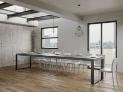 Mesa de comedor extensible tiroz-Color Gris cemento-Soporte 2 pies-5 alargaderas finas-Ancho extensible