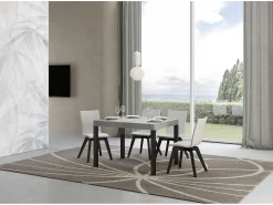 Mesa de comedor extensible Karry-Color Gris cemento-Base y soporte con ruedas-Ancho extensible