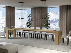 Mesa de comedor extensible de madera Ribo-Color Natural-Soporte 4 pies-5 alargaderas finas-Ancho extensible