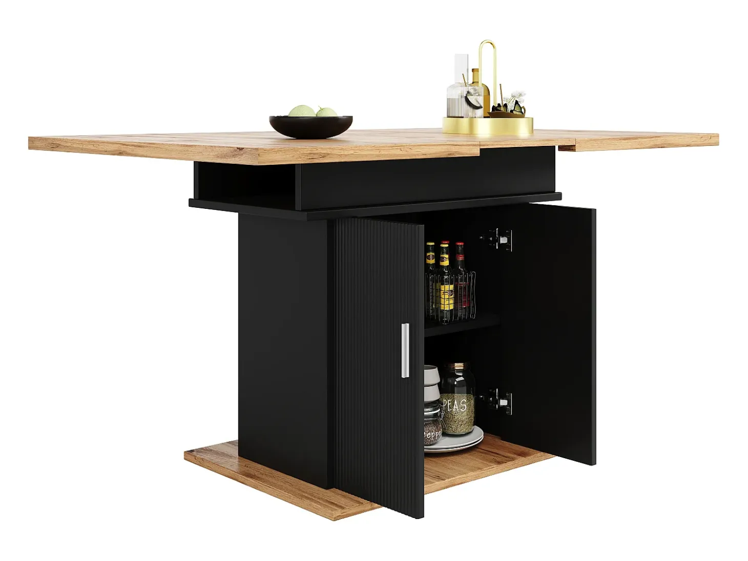 Mesa de comedor extensible negra - Mesa de comedor con 2 puertas - tablero de madera - almacenaje abierto