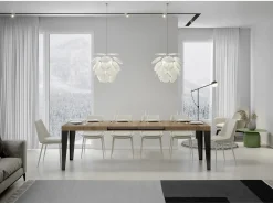 Mesa de comedor extensible Flavio-Color Natural-Soporte 4 pies-5 alargaderas finas-Ancho extensible