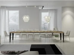 Mesa de comedor extensible Flavio-Color Natural-Soporte 4 pies-5 alargaderas finas-Ancho extensible