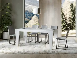 Mesa de comedor extensible de madera Kristo patas en V-Color Blanco-Base y soporte con ruedas-5 alargaderas finas-Ancho extensible