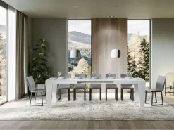 Mesa de comedor extensible de madera Kristo patas en V-Color Blanco-Base y soporte con ruedas-5 alargaderas finas-Ancho extensible