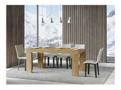 Mesa de comedor extensible de madera Ribo-Color Natural-Soporte 4 pies-5 alargaderas finas-Ancho extensible
