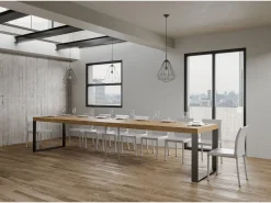 Mesa de comedor extensible tiroz-Color Marrón-Base y soporte con ruedas-5 alargaderas finas-Ancho extensible