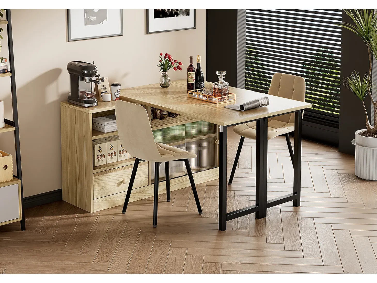 Mesa de comedor extensible con almacenaje, diseño moderno, MDF y metal, Natural y Negro (90x52,07x26,67 cm)
