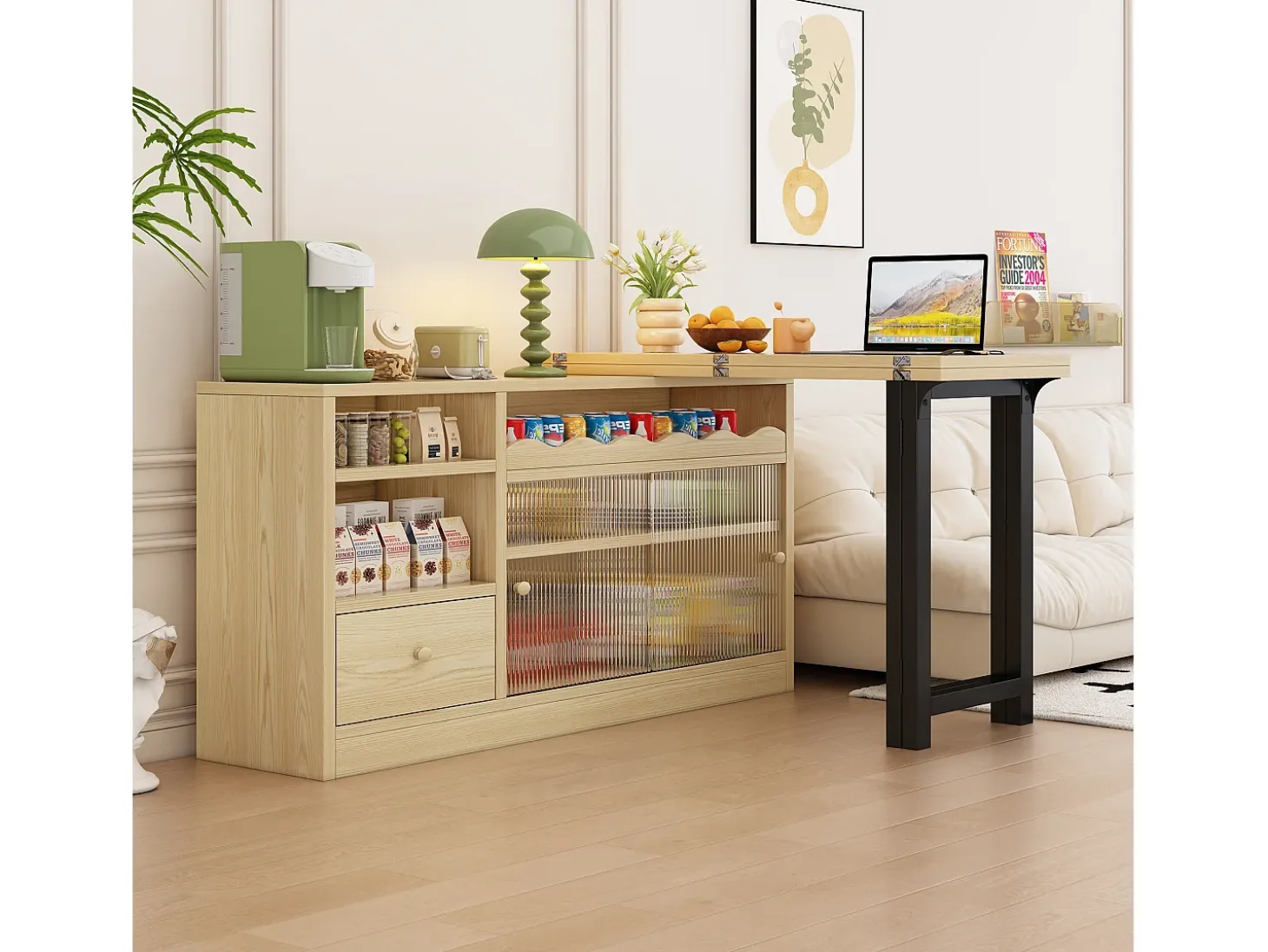 Mesa de comedor extensible con almacenaje, diseño moderno, MDF y metal, Natural y Negro (90x52,07x26,67 cm)