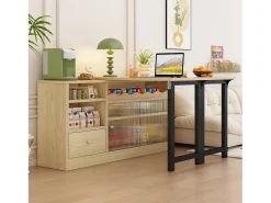 Mesa de comedor extensible con almacenaje, diseño moderno, MDF y metal, Natural y Negro (90x52,07x26,67 cm)