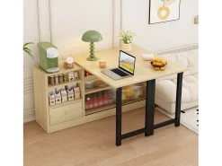 Mesa de comedor extensible con almacenaje, diseño moderno, MDF y metal, Natural y Negro (90x52,07x26,67 cm)