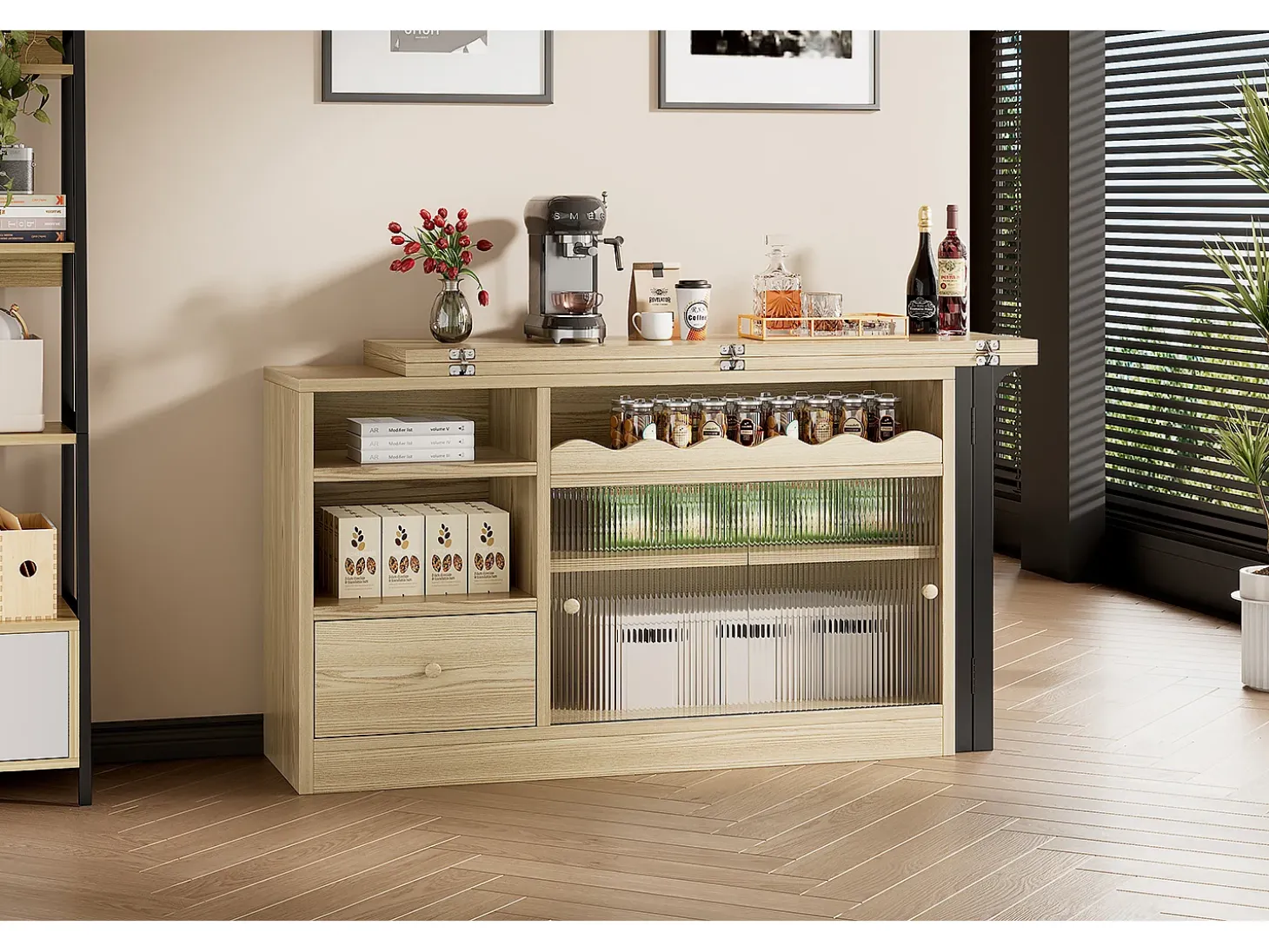 Mesa de comedor extensible con almacenaje, diseño moderno, MDF y metal, Natural y Negro (90x52,07x26,67 cm)