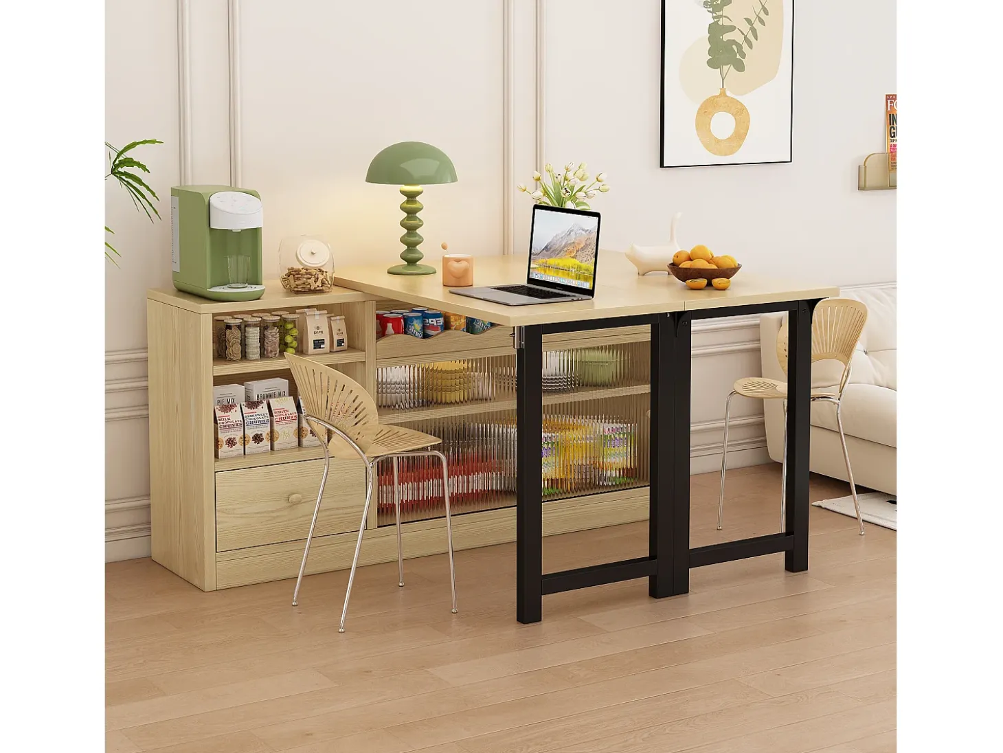 Mesa de comedor extensible con almacenaje, diseño moderno, MDF y metal, Natural y Negro (90x52,07x26,67 cm)
