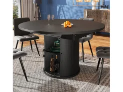 Mesa de comedor extensible, 118-158 cm, negra, mesa de comedor redonda con espacio de almacenamiento