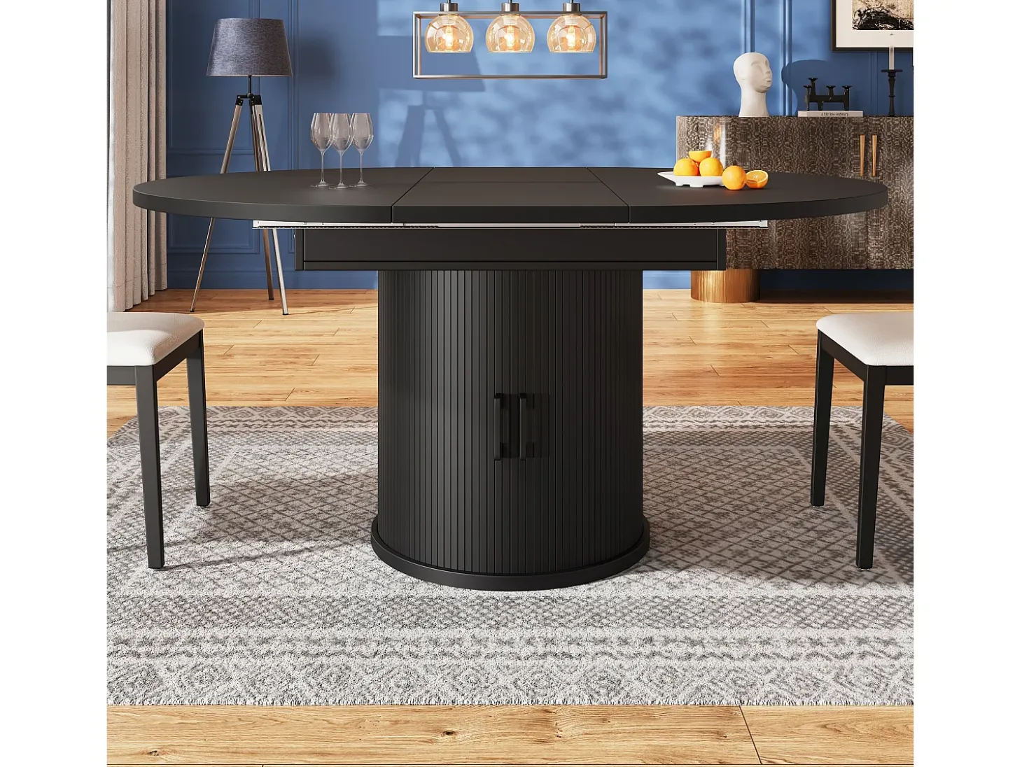 Mesa de comedor extensible, 118-158 cm, negra, mesa de comedor redonda con espacio de almacenamiento